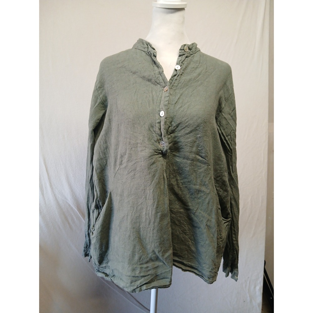 Linen peasent lagenlook v neck sage green long sleeve Tunic made in italy